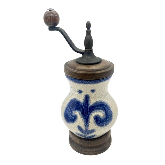 Zassenhaus W Germany Salt Glaze Stoneware Pepper Grinder Mill Wood Fleur-de-lis - Picture 6 of 8